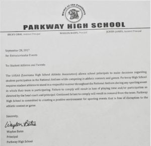 parkway high school notice on standing for the national anthem